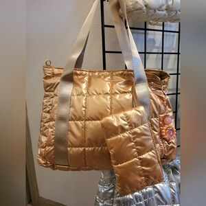 Christmas Gift! Gold Quilted Puffer Teen Scool Tote Bag And Beaded Key Charm New